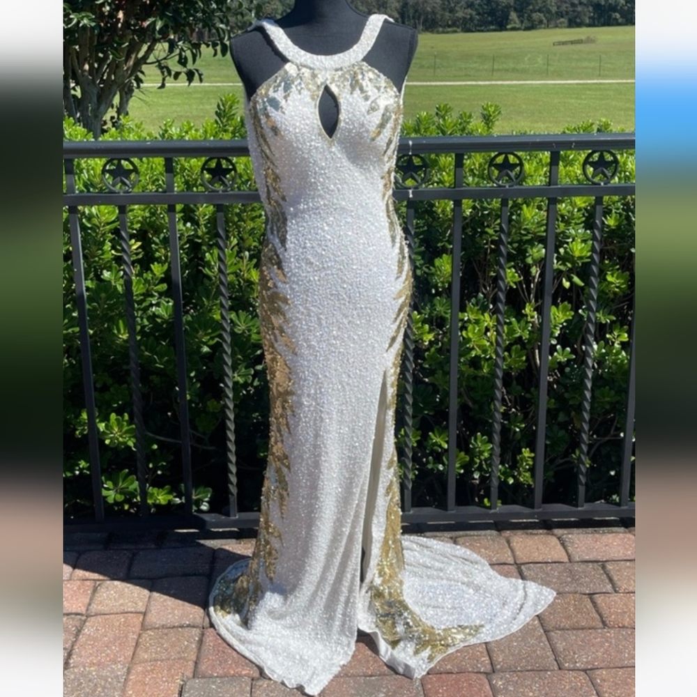 ISO IN SEARCH OF Do Not Buy Cassandra Stone Mac Duggal White Gold Gown